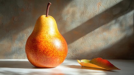 Poster - Ripe pear on a minimalist white surface casting soft shadows with an autumn leaf complementing the composition