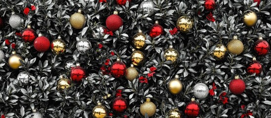 Poster - Elegant black and white Christmas tree adorned with shiny gold and red ornaments ideal for festive backgrounds and text overlays