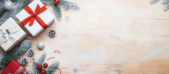 Poster - Christmas decorations on wooden surface with fir branches and gifts creating a festive holiday atmosphere and ample copy space for messages