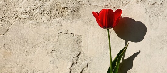 Poster - Vibrant red tulip blooming against a softly textured light wall creating a serene and elegant floral composition