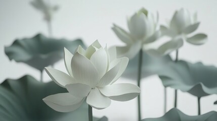 Poster - Elegant white lotus flowers with green leaves on soft background showcasing beauty and tranquility in nature.