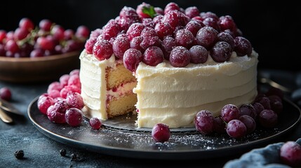 Aufkleber - Gourmet cream cake topped with fresh grapes against a dark background showcasing elegance and indulgence in dessert presentation