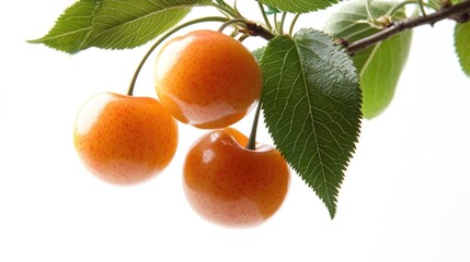 Poster - Orange cherries on a branch with green leaves isolated on a white background showcasing fresh fruit and natural beauty.