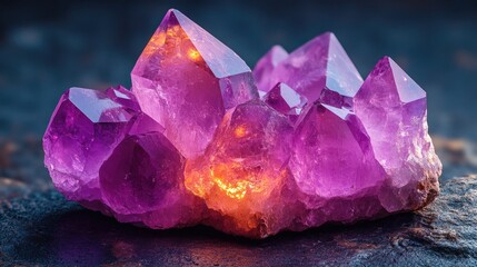 Poster - Stunning close up of macro mineral amethyst crystals on a dark background highlighting their vibrant purple hues and intricate formations