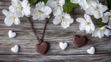 Aufkleber - Romantic St Valentine's Day decor featuring a chocolate necklace and delicate white flowers on a rustic wooden background