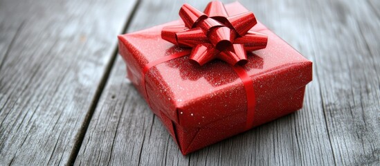 Poster - Red gift box with shiny bow on rustic wooden surface ideal for holiday decoration or celebration promotions with ample copy space
