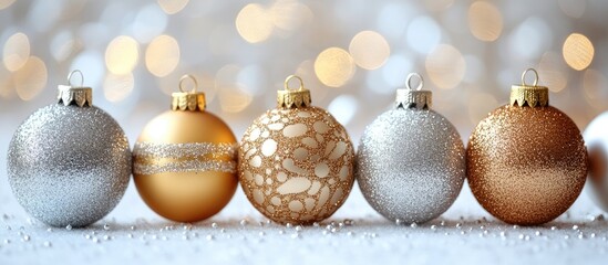 Aufkleber - Elegant festive ornaments in gold and silver arranged on a white background with a soft bokeh effect for holiday celebrations and decoration.