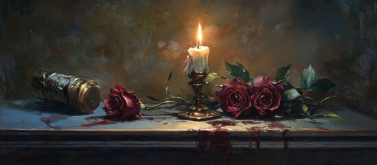Aufkleber - Candlelit roses with blood accents creating a dramatic Valentine s Day ambiance in a vintage setting