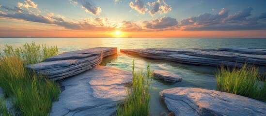 Poster - Tranquil lakeside sunset illuminating the sky and rocky shoreline with lush grass accents creating a serene natural landscape.