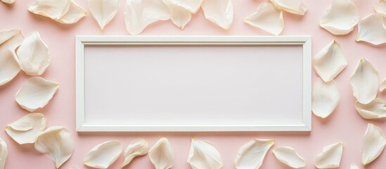 Poster - Blank postcard frame mockup surrounded by white lilac petals on a pastel pink backdrop for minimalistic text design or creative lettering ideas