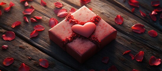 Poster - Elegant red gift box with heart accent and rose petals on rustic wooden surface for romantic celebrations and special occasions