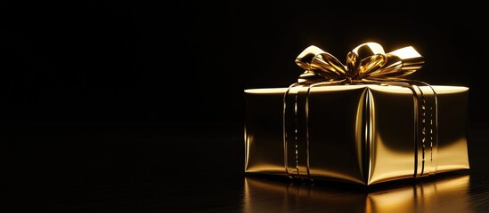 Poster - Elegant golden gift box with a shiny bow set against a sleek black background for luxurious celebration themes.