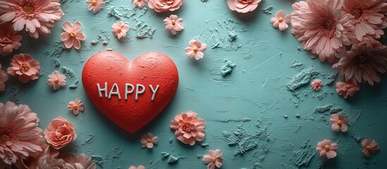 Poster - Light board with the word Happy and a red heart amid pastel flowers on a turquoise backdrop ideal for celebration and event invitations