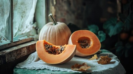 Poster - Autumn still life featuring fresh pumpkins and pumpkin puree on a green tablecloth with rustic window backdrop and falling leaves.
