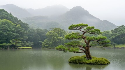 Poster - Serene Japanese park landscape with a pine tree by tranquil lake surrounded by lush greenery and misty mountains in the background