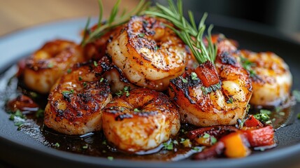 Poster - Grilled succulent shrimp garnished with herbs on a dark plate showcasing a gourmet seafood dish in an elegant dining setting.
