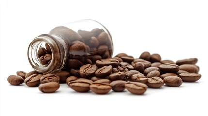 Poster - Roasted coffee beans spilling from a glass bottle on a white background showcasing freshness and aroma of premium coffee.
