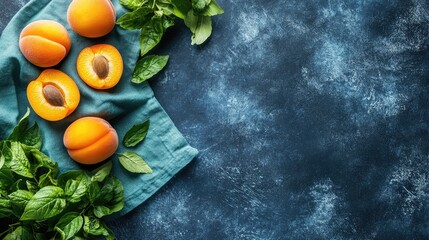 Poster - Ripe organic apricots with fresh green basil leaves on a textured blue background showcasing summer harvest abundance.