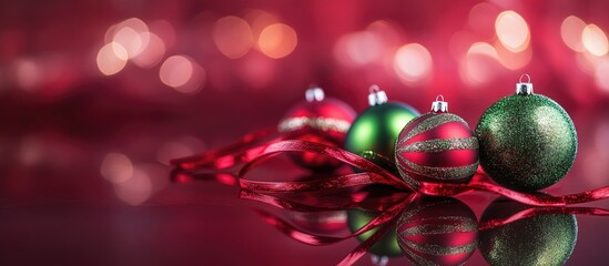 Aufkleber - Christmas ornaments in red and green with ribbon on a reflective maroon surface creating a festive holiday ambiance with bokeh lighting