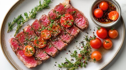 Poster - Sliced rib eye steak topped with fresh herbs and cherry tomatoes served on a light plate against a clean white background