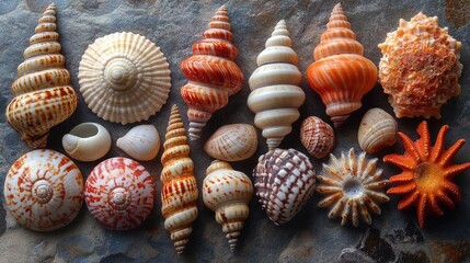 Poster - Collection of assorted sea shells arranged on natural stone background showcasing diverse shapes and patterns for coastal decor and design.