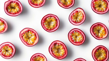 Aufkleber - Fresh passion fruit halves arranged on a white background showcasing vibrant colors and textures for culinary and dietary themes.