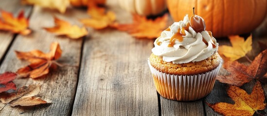 Aufkleber - Pumpkin cupcakes with caramel cream frosting on a rustic wooden table adorned with autumn leaves and pumpkins