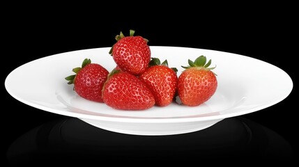 Poster - Freshly picked ripe strawberries elegantly displayed on a sleek white plate against a contrasting black background.