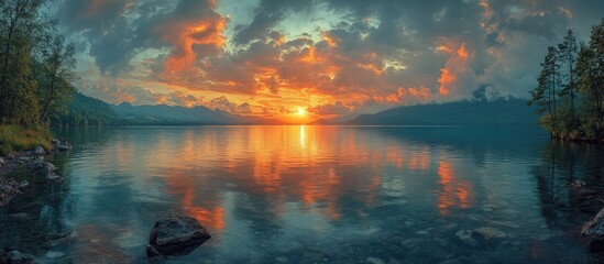 Poster - Tranquil lake at sunset with vibrant clouds and reflections creating a serene landscape atmosphere in nature's evening splendor