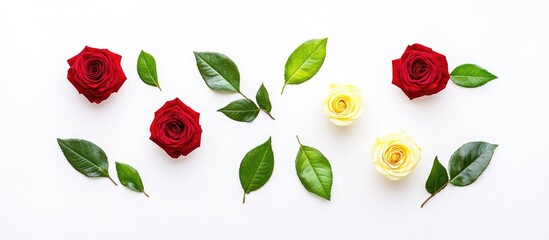 Poster - Creative arrangement of red and yellow roses with green leaves on a white background flat lay floral design for elegant presentations