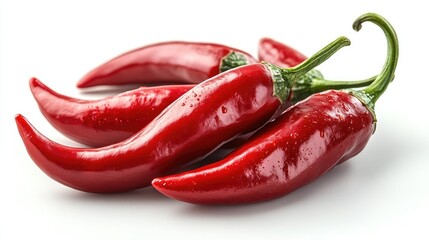Poster - Red hot chili peppers clustered together on a clean white background showcasing their vibrant color and distinctive curved shapes