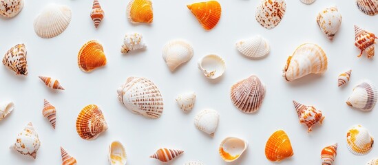 Poster - Colorful sea shells arranged on a white background showcasing diverse shapes and textures ideal for marine-themed designs and projects.