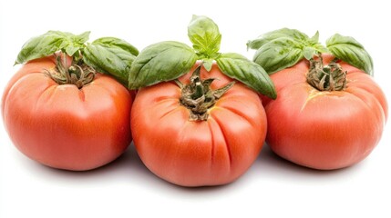 Poster - Fresh ripe tomatoes adorned with basil leaves presented on a clean white backdrop for culinary or food-related uses.