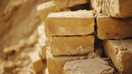 Poster - Sand-colored bricks stacked for construction use showcasing texture and materials suitable for building projects.