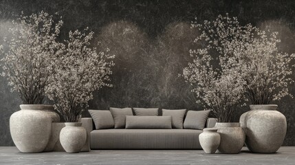 Poster - Elegant living room interior featuring a modern sofa surrounded by artistic floral arrangements in stylish vases