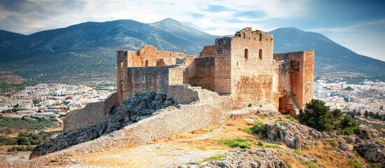 Poster - Ruins of an ancient fortress on a mountain overlooking a picturesque valley and surrounding hills with a clear blue sky above
