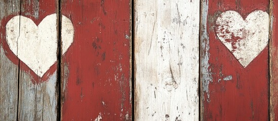 Aufkleber - Weathered wooden background with red and white painted hearts for textured rustic romance or Valentine's Day themes
