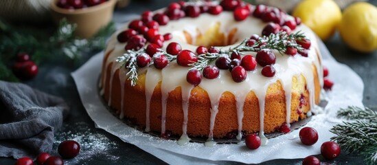 Poster - Round lemon cranberry cake topped with glaze and fresh cranberries served on parchment paper amidst festive decor