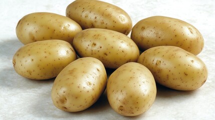 Poster - Freshly harvested potatoes arranged on a white surface showcasing their earthy texture and natural color for culinary use or gardening themes.