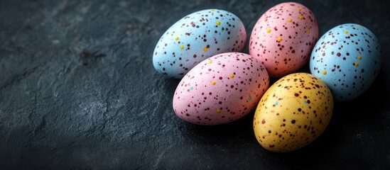Fototapete - Festive candy eggs in pastel colors arranged on a dark textured surface with artistic lighting creating a perfect backdrop for promotions