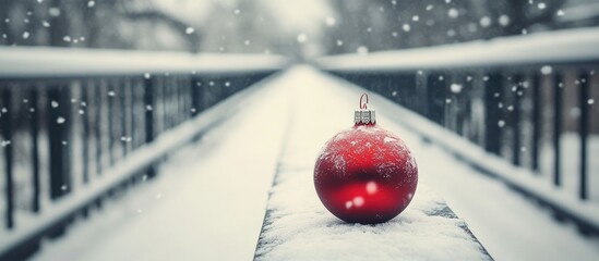 Aufkleber - Red Christmas ornament resting on a snow-covered railing with falling snowflakes creating a serene winter holiday atmosphere.