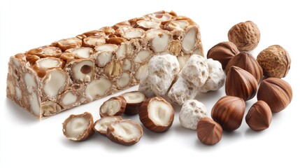 Poster - Hazelnut nougat chocolate bar with whole and crushed hazelnuts isolated on a white background for confectionery and dessert presentations
