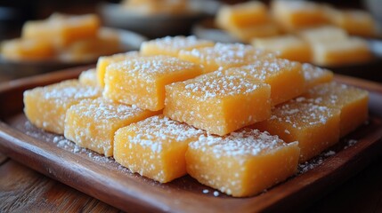 Poster - Roasted besan burfi traditional Indian sweet served on a wooden platter with powdered sugar decoration