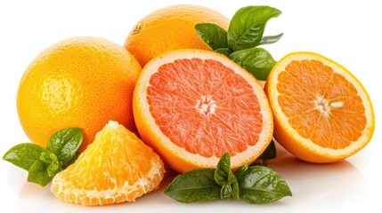 Poster - Fresh red grapefruit slices with essential oil droplets and green leaves on a bright white background showcasing vibrant citrus freshness.