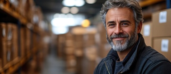 Poster - Smiling mature man packing boxes in a distribution warehouse logistics fulfillment center readying goods for shipment