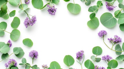 Poster - Round floral frame with wildflowers and eucalyptus leaves on a white background in a flat lay arrangement for creative design use