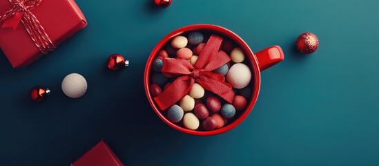 Poster - Red holiday cup filled with colorful candies surrounded by festive decorations and gifts on a teal background