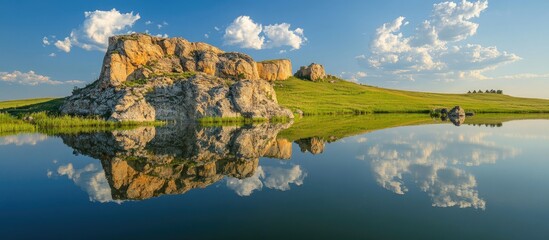 Poster - Serene hillside and sky reflections on tranquil lake creating a picturesque natural landscape harmony