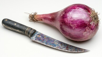 Poster - Red onion and rustic knife displayed on white background highlighting fresh farm produce and cooking ingredients