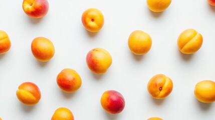 Poster - Ripe peaches arranged on a plain white background showcasing their vibrant colors and natural texture ideal for food and health themes